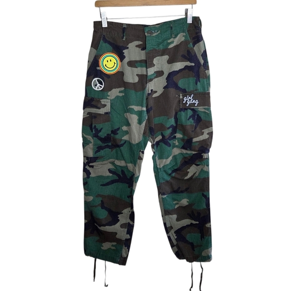 Reworked Camoflauge Combat Pants with Smiley Face Girl Gang Peace Patches - Picture 1 of 9